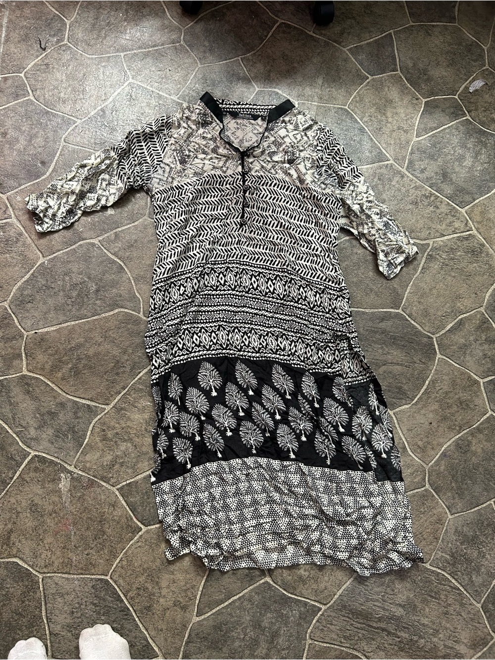 Black & White Patterned Midi Dress with Mixed Prints